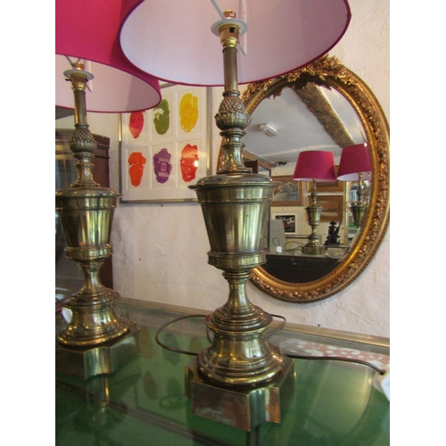 750 - Pair of Cast Brass Urn Form Table Lamps Electrified Working Order with Shades Each Approximately 30 ... 