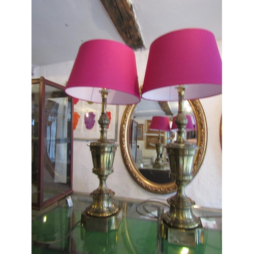 750 - Pair of Cast Brass Urn Form Table Lamps Electrified Working Order with Shades Each Approximately 30 ... 