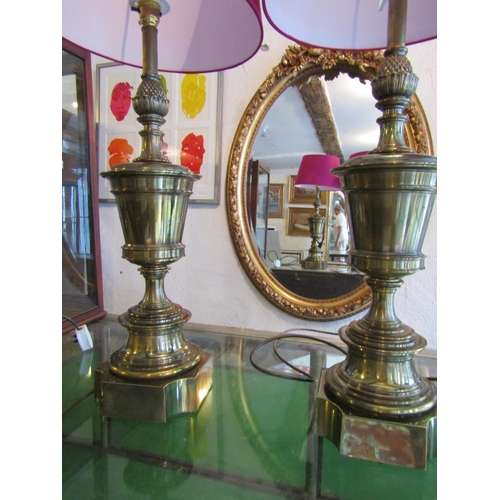 750 - Pair of Cast Brass Urn Form Table Lamps Electrified Working Order with Shades Each Approximately 30 ... 