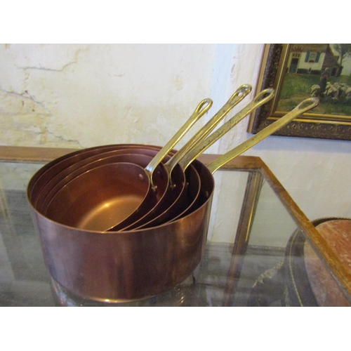 751 - Set of Six Copper Chef's Saucepans with Cast Brass Handles Graduated Sizes