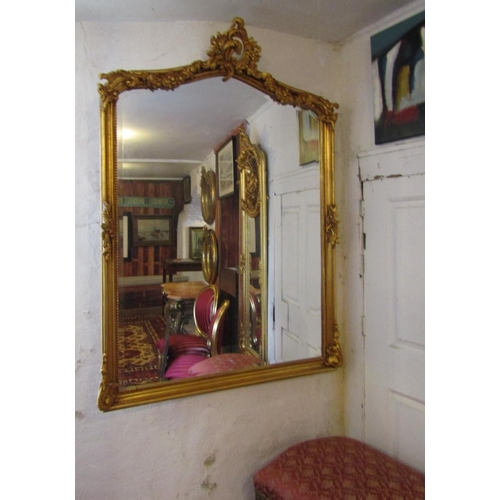 754 - Gilded Over Mantle or Wall Mirror with Upper Cartouche Decoration Approximately 4ft Wide x 5ft High