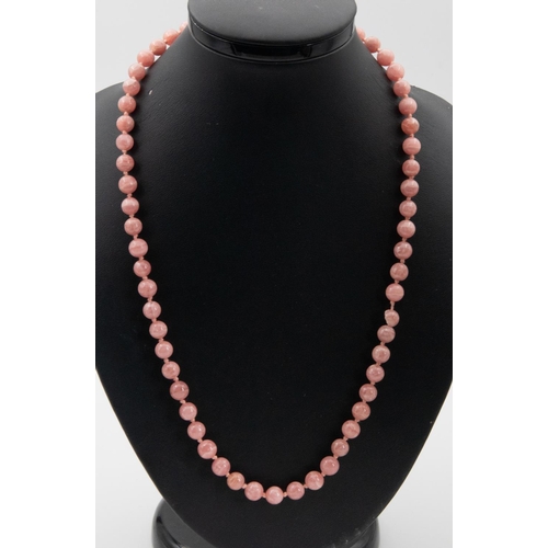 79 - Single Row Uniform Cut Rhodochrosite Bead Necklace, One Bead Broken with 14 Carat Yellow Gold Safety... 