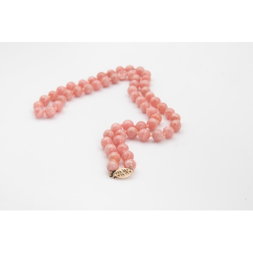 79 - Single Row Uniform Cut Rhodochrosite Bead Necklace, One Bead Broken with 14 Carat Yellow Gold Safety... 