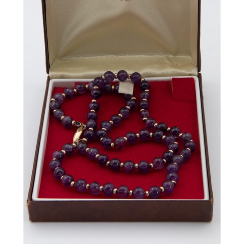 80 - Single Row Uniform Set Amethyst Ladies Bead Necklace with 14 Carat Gold Safety Clasp 51cm Long