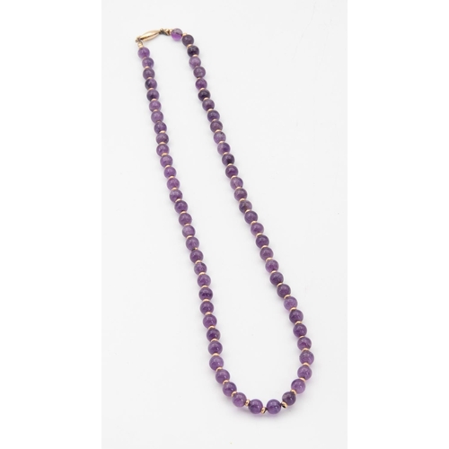 81 - Single Row Uniform Set Amethyst Ladies Bead Necklace with 14 Carat Gold Safety Clasp 51cm Long