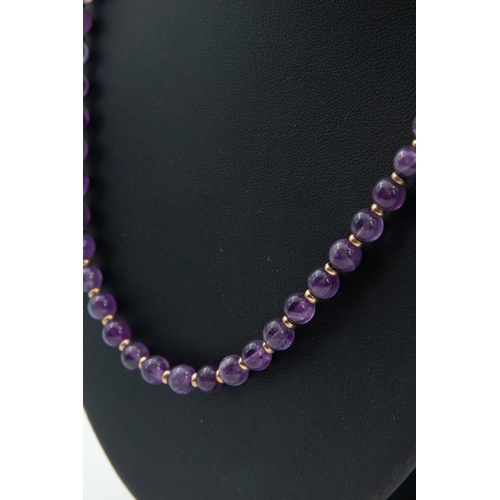 81 - Single Row Uniform Set Amethyst Ladies Bead Necklace with 14 Carat Gold Safety Clasp 51cm Long