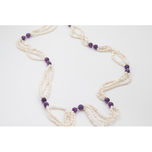 82 - Cultured Freshwater Rice Pearl and Amethyst Bead Set Ladies Necklace of Attractive Form