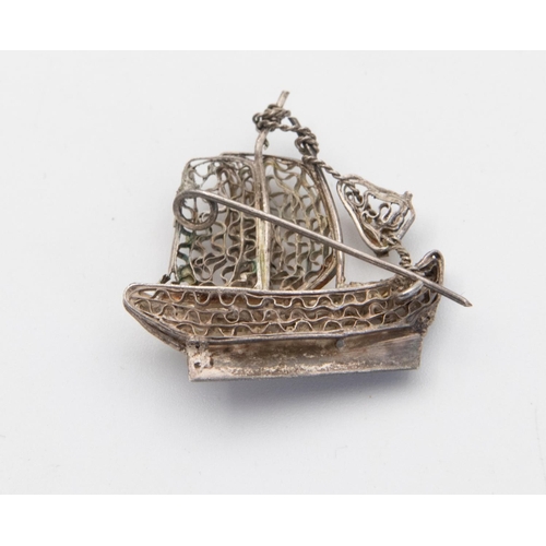 96 - Silver Boat Motif Brooch with Safety Pin Clasp Verso