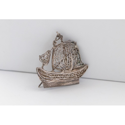 96 - Silver Boat Motif Brooch with Safety Pin Clasp Verso