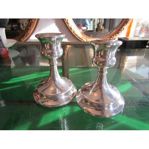 758 - Pair of Sterling Silver Pedestal Form Candle Sticks Each with Stepped Bases 4 Inches High