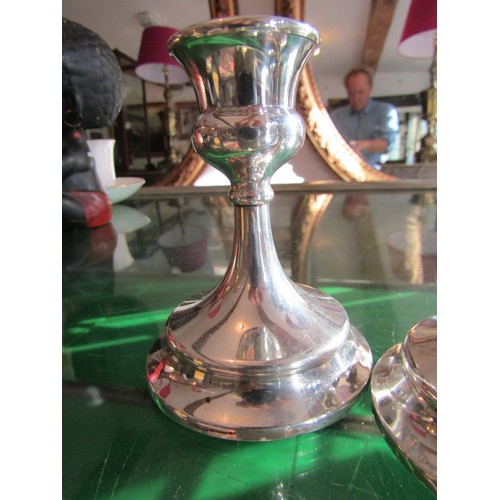 758 - Pair of Sterling Silver Pedestal Form Candle Sticks Each with Stepped Bases 4 Inches High