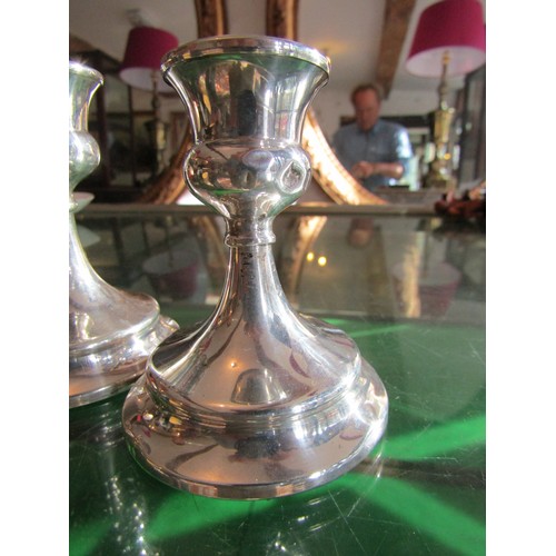 758 - Pair of Sterling Silver Pedestal Form Candle Sticks Each with Stepped Bases 4 Inches High