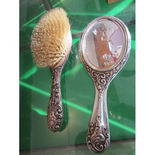 761 - Antique Sterling Silver Silver Backed Mirror and Matching Brush