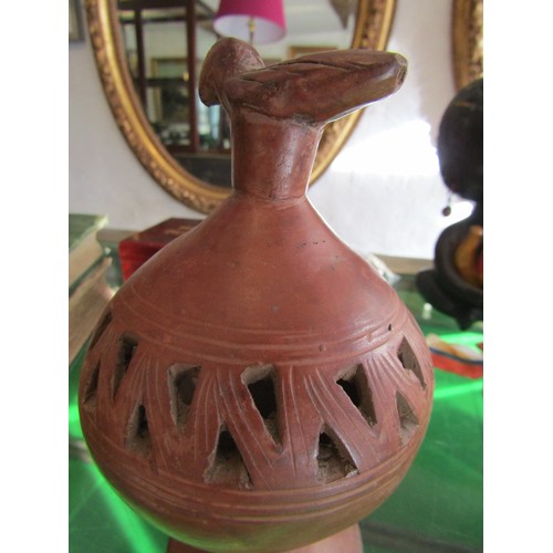 771 - Possibly Native American Fired Earth Communal Incense Burner with Avian Motif Finial Approximately 1... 