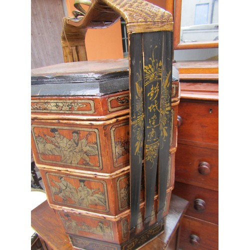 791 - Antique Oriental Octagonal Form Lacquer and Gilt Decorated Storage Container with Bronze Shaped Form... 