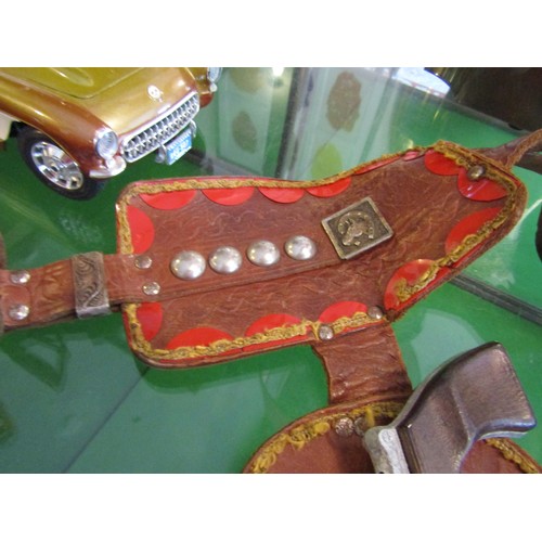 793 - Vintage Child's Leather Gun Holster Well Detailed with Shoot 'em up Guns