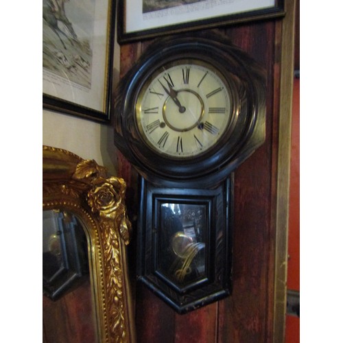 805 - Antique Wall Clock Overall Good Original Condition Pendulum and Key Present Roman Numeral Decorated ... 