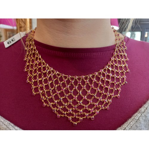 39 - 14 Carat Yellow Gold Ruby Bib-Style Necklace with Series of Round Mixed Cut Rubies All Spectacle Set... 