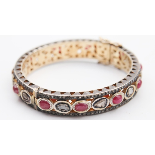 101 - Ruby and Diamond Inset Ladies Bangle Mounted on Gilded Silver Attractively Detailed