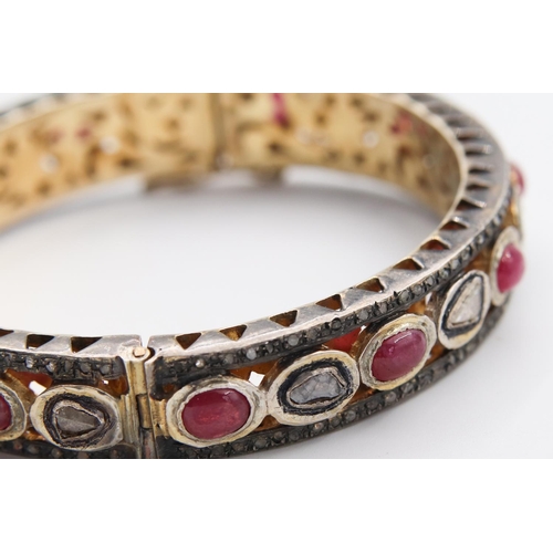 101 - Ruby and Diamond Inset Ladies Bangle Mounted on Gilded Silver Attractively Detailed