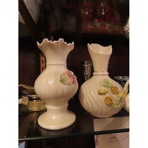 1125 - Four Pieces Belleek Two with Floral Detailing One Shamrock Motif Decorated Shaped Form Vase and Swan... 