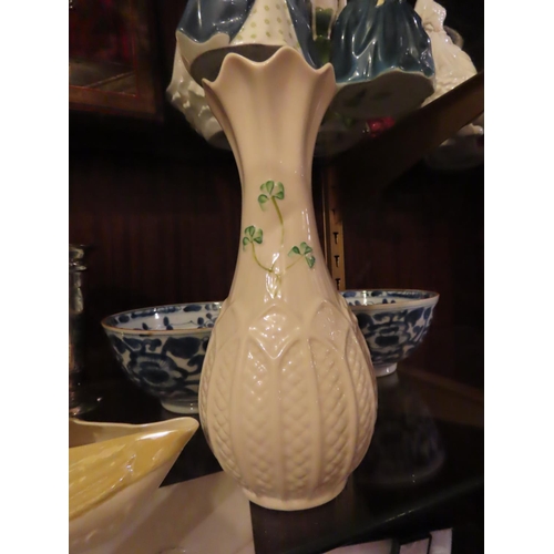 1125 - Four Pieces Belleek Two with Floral Detailing One Shamrock Motif Decorated Shaped Form Vase and Swan... 