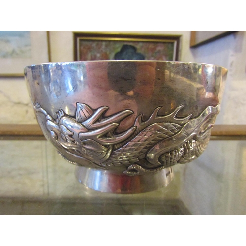 Hong Kong Silver Bowl with Dragon Motifs Hallmarked Circa 1910 Finely Detailed Approximately6 Inches Diameter