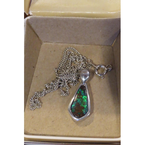 Silver Mounted Black Opal Pendant Necklace