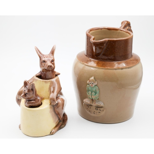 113 - Vintage Novelty Kangaroo with Joey Salt and Pepper Articulated Form with Old Fired Earthenware Jug T... 