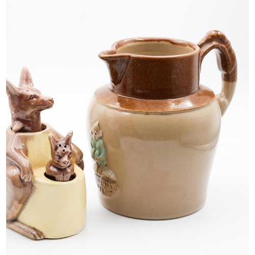 113 - Vintage Novelty Kangaroo with Joey Salt and Pepper Articulated Form with Old Fired Earthenware Jug T... 