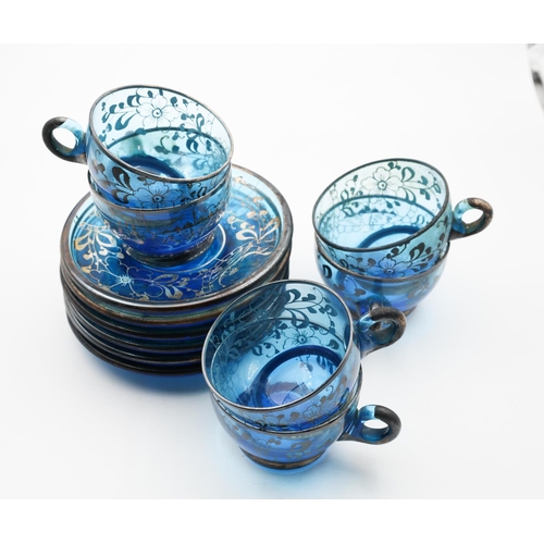 119 - Set of Six Silver Overlaid Blue Crystal Cups and Saucers Attractively Detailed