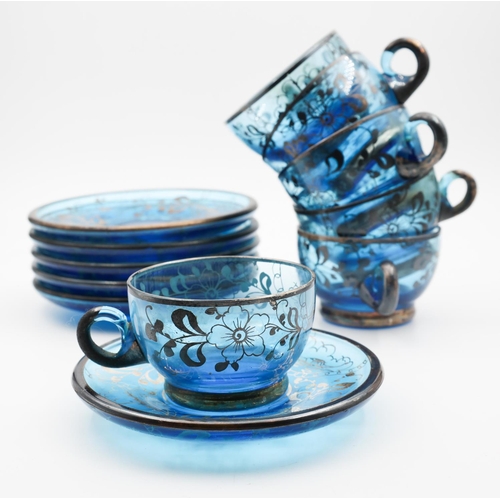 119 - Set of Six Silver Overlaid Blue Crystal Cups and Saucers Attractively Detailed