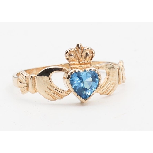 128 - Blue Topaz 9 Carat Yellow Gold Claddagh Ring Size Q and a Half