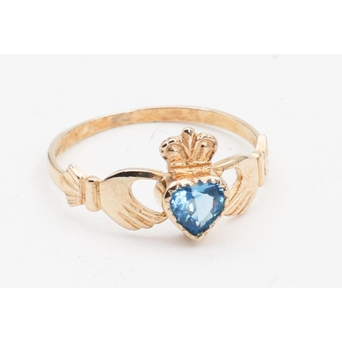 128 - Blue Topaz 9 Carat Yellow Gold Claddagh Ring Size Q and a Half