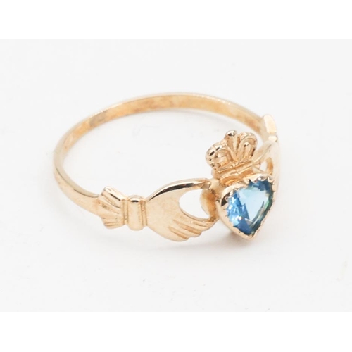 128 - Blue Topaz 9 Carat Yellow Gold Claddagh Ring Size Q and a Half