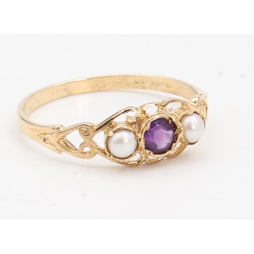 140 - Pearl and Amethyst Ladies Ring 9 Carat Yellow Gold Attractively Detailed Ring Size P