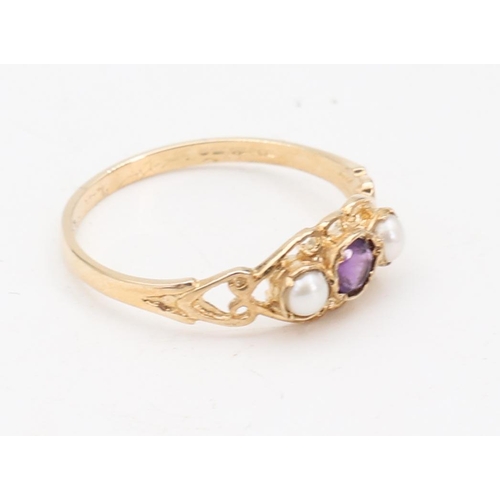 140 - Pearl and Amethyst Ladies Ring 9 Carat Yellow Gold Attractively Detailed Ring Size P