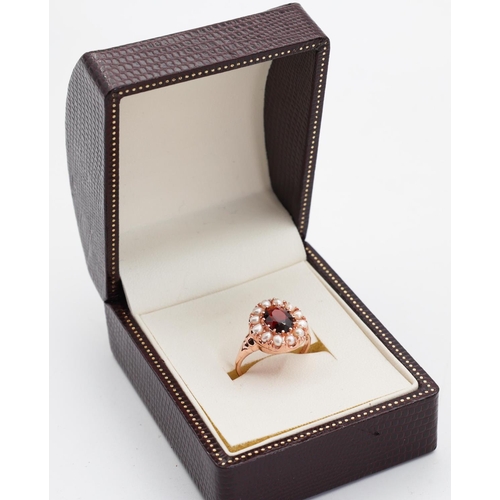 143 - Rose Gold Garnet and Pearl Ladies Ring Cluster Setting Ring Size O and a Half