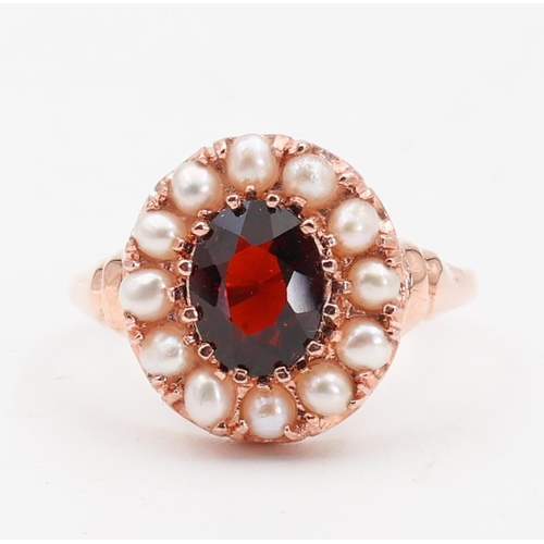 143 - Rose Gold Garnet and Pearl Ladies Ring Cluster Setting Ring Size O and a Half