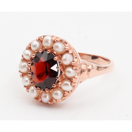 143 - Rose Gold Garnet and Pearl Ladies Ring Cluster Setting Ring Size O and a Half