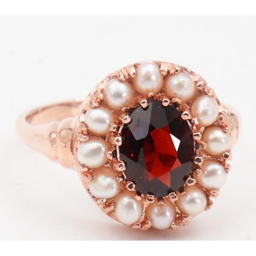 143 - Rose Gold Garnet and Pearl Ladies Ring Cluster Setting Ring Size O and a Half