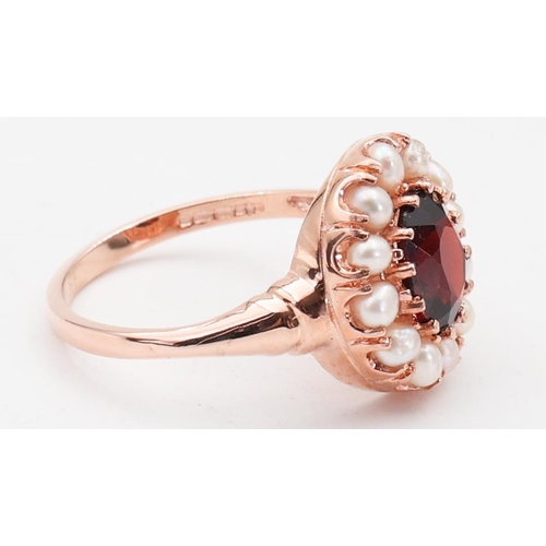 143 - Rose Gold Garnet and Pearl Ladies Ring Cluster Setting Ring Size O and a Half