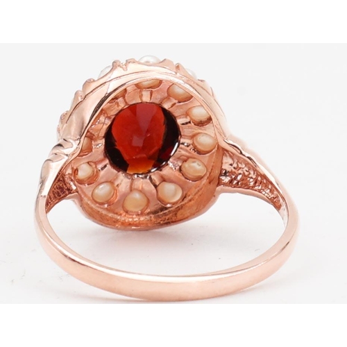 143 - Rose Gold Garnet and Pearl Ladies Ring Cluster Setting Ring Size O and a Half