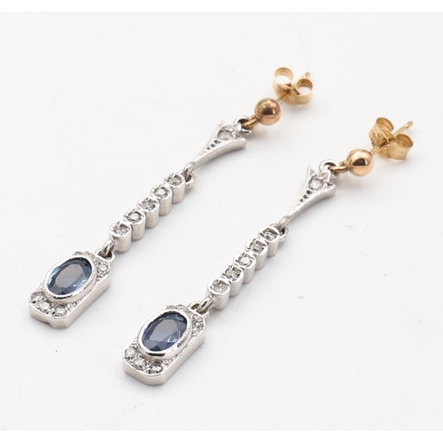 150 - Pair of Sapphire and Diamond Ladies 9 Carat Gold Drop Form Earrings Attractively Detailed