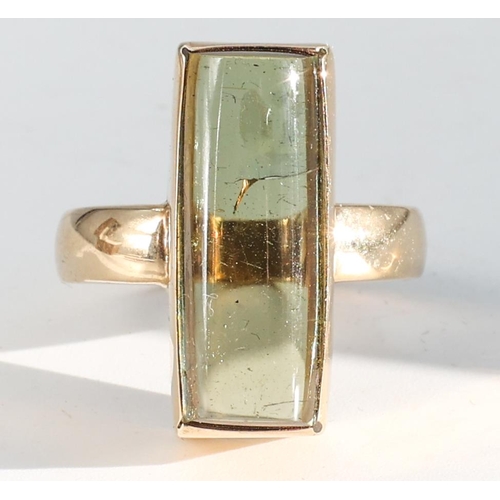 182 - Modernist Form Green Tourmaline Gemstone Ladies Ring Mounted on 18 Carat Yellow Gold Band Size P