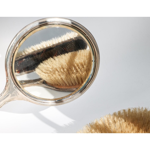 222 - Silver Ladies Hand Mirror Tortoiseshell Inset with Matching Clothes and Hairbrush Silver Mounted