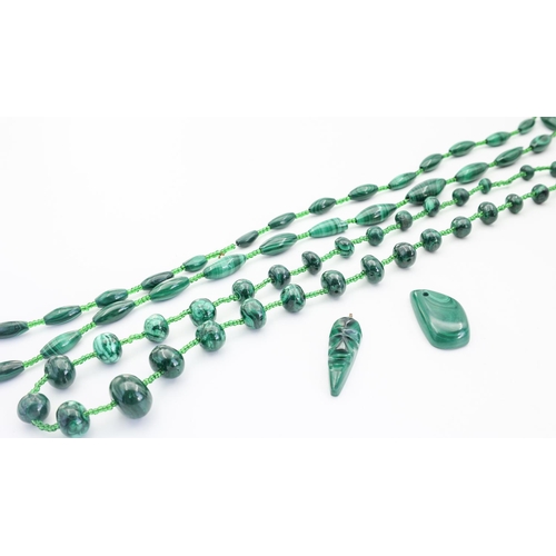 248 - Two Malachite Ladies Bead Necklaces with Two Carved Malachite Pendants