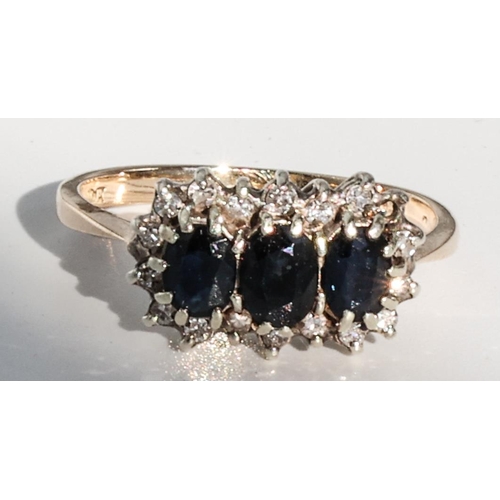 257 - 18 Carat Yellow Gold Ladies Three Stone Sapphire and Diamond Ring Size R