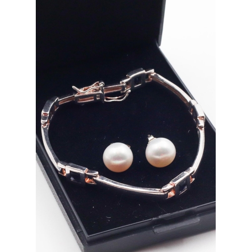 28 - Silver Ladies Bracelet Articulated Form with Pair of Silver Set Pearl Earrings