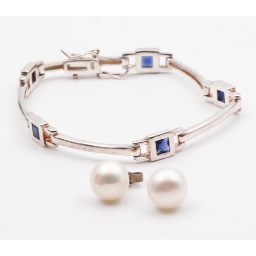 28 - Silver Ladies Bracelet Articulated Form with Pair of Silver Set Pearl Earrings